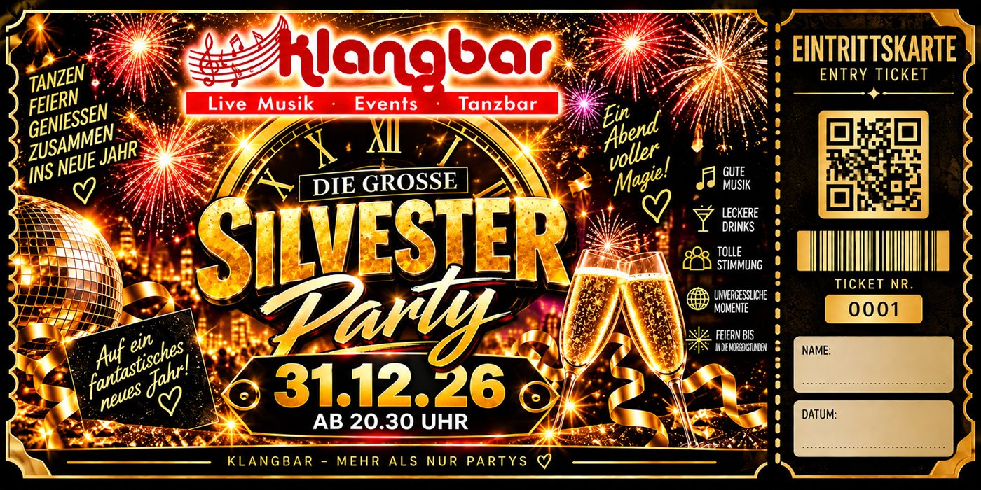 Die große Silvester Party in der Klangbar am 31.12.26 ab 20.30 Uhr